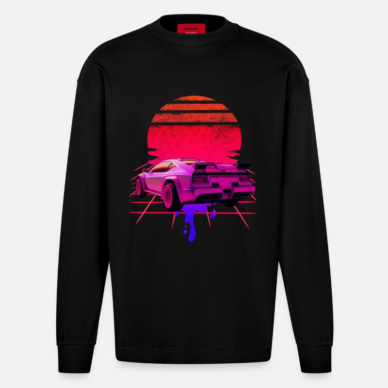 Retro Wave Supercar Sunset - Manches longues bio épais oversize fabriqué en UE - SOLID BLACK