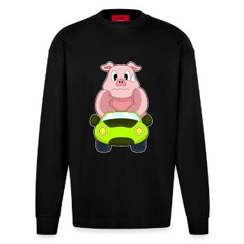 Coche de cerdo - Camiseta de manga larga oversize de gran gramaje y ecológica fabricada en la UE - SOLID BLACK - delante