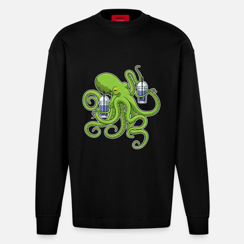 Krake Bubble tea - Heavyweight Oversized Organic Langarmshirt Made in EU - SOLID BLACK