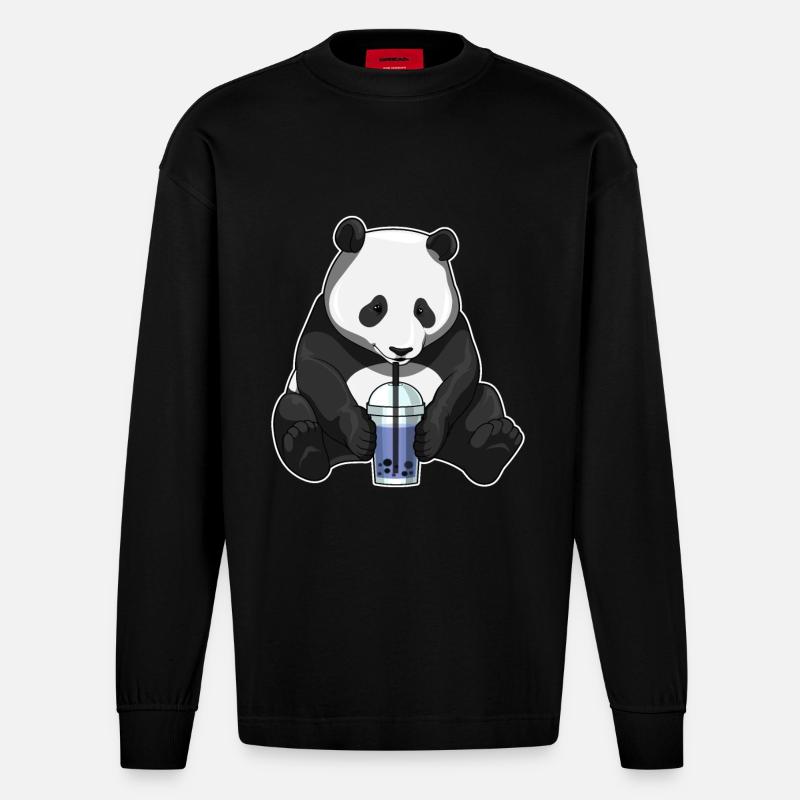 Panda Bubble Tea - Heavyweight Oversized Organic Langarmshirt Made in EU - SOLID BLACK