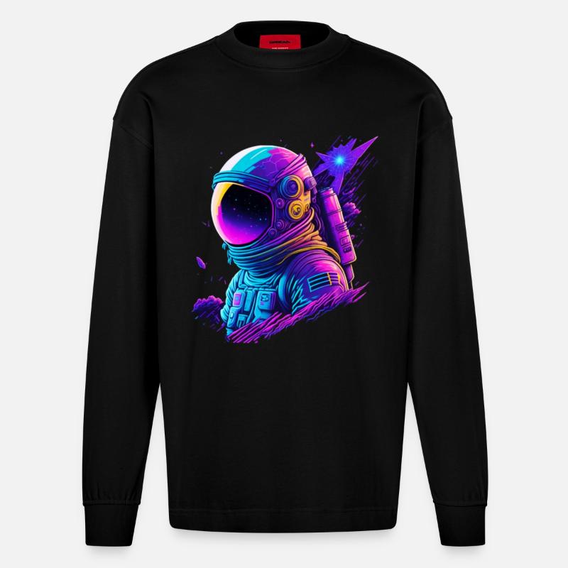 Synthwave Astronaut Space Explorer - Heavyweight Oversized Organic Langarmshirt Made in EU - SOLID BLACK