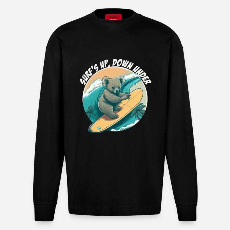 Down under surfing koala bear - Heavyweight Oversized Organic Longsleeve Shirt Made in EU - SOLID BLACK