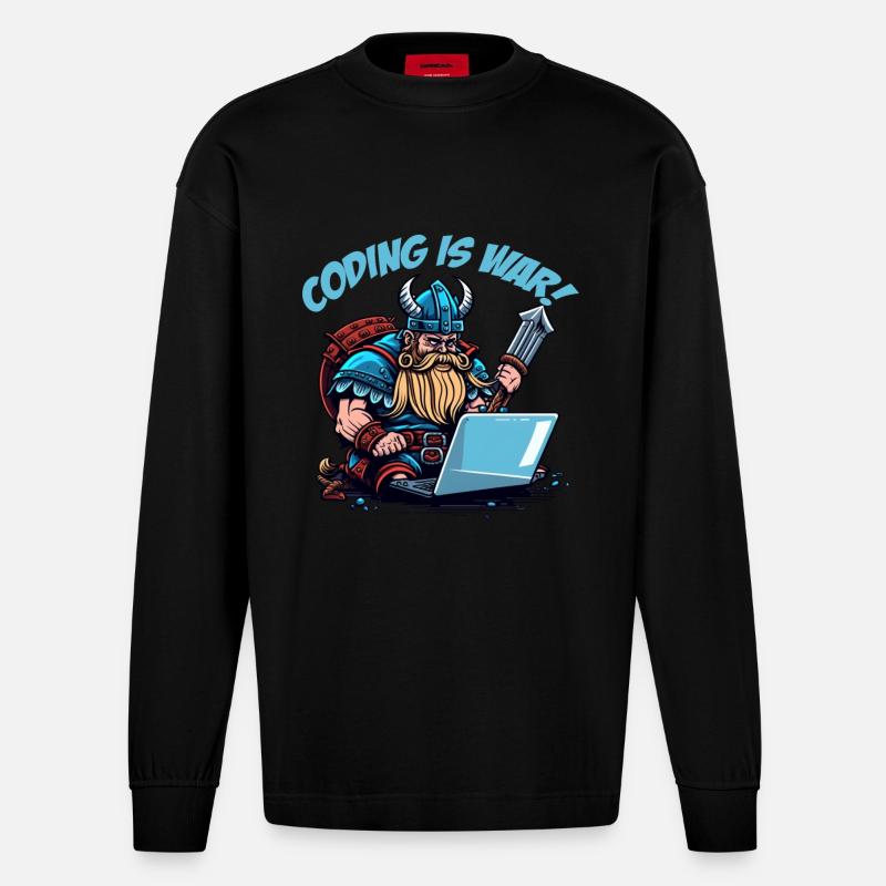 "Coding is war" Wikinger - Heavyweight Oversized Organic Langarmshirt Made in EU - SOLID BLACK