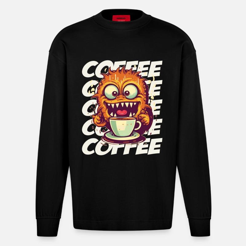 Kaffeemonster mit Schriftzug - Heavyweight Oversized Organic Langarmshirt Made in EU - SOLID BLACK