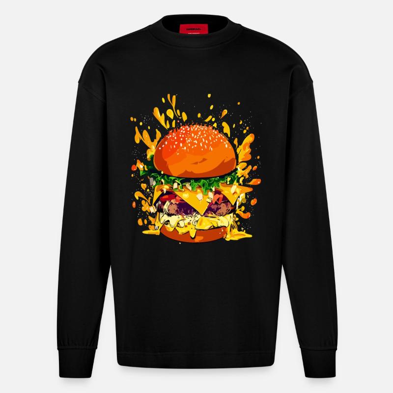 Extravaganter Cheeseburger mit Käse Splatter - Heavyweight Oversized Organic Langarmshirt Made in EU - SOLID BLACK