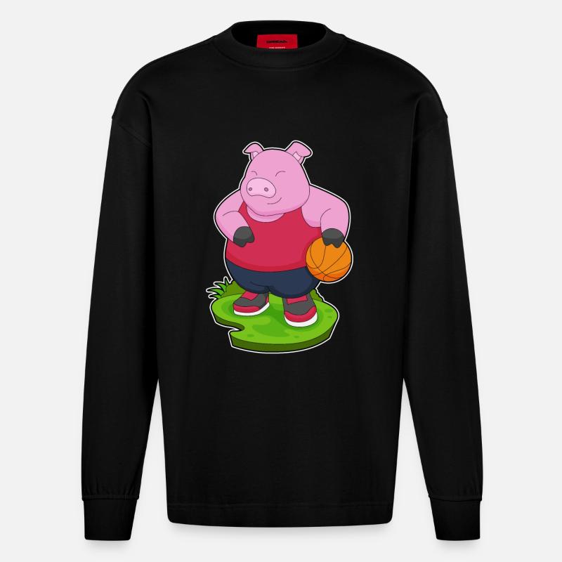 Cochon Basketteur Basketteur - Manches longues bio épais oversize fabriqué en UE - SOLID BLACK