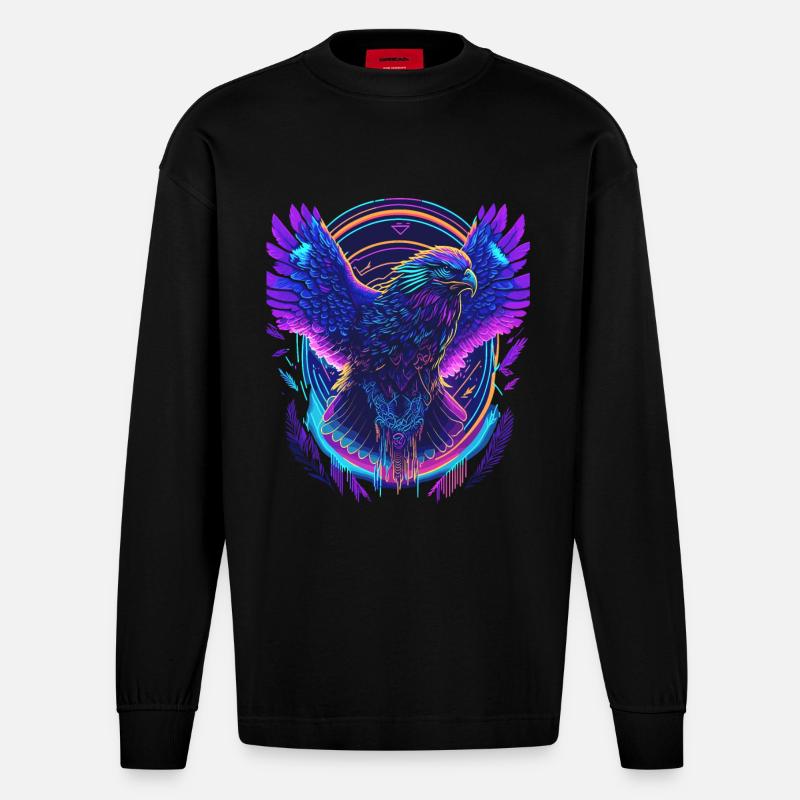 Flying Eagle Synthwave - Heavyweight Oversized Organic Longsleeve Shirt Made in EU - SOLID BLACK