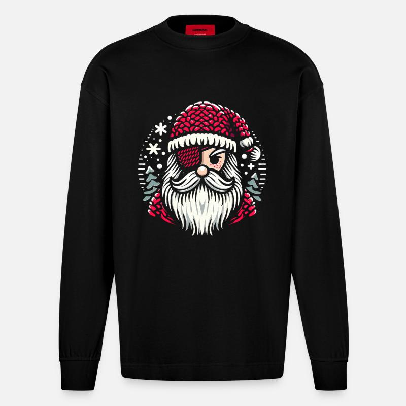 Weihnachtsmann Strickmuster mit Augenklappe - Heavyweight Oversized Organic Langarmshirt Made in EU - SOLID BLACK
