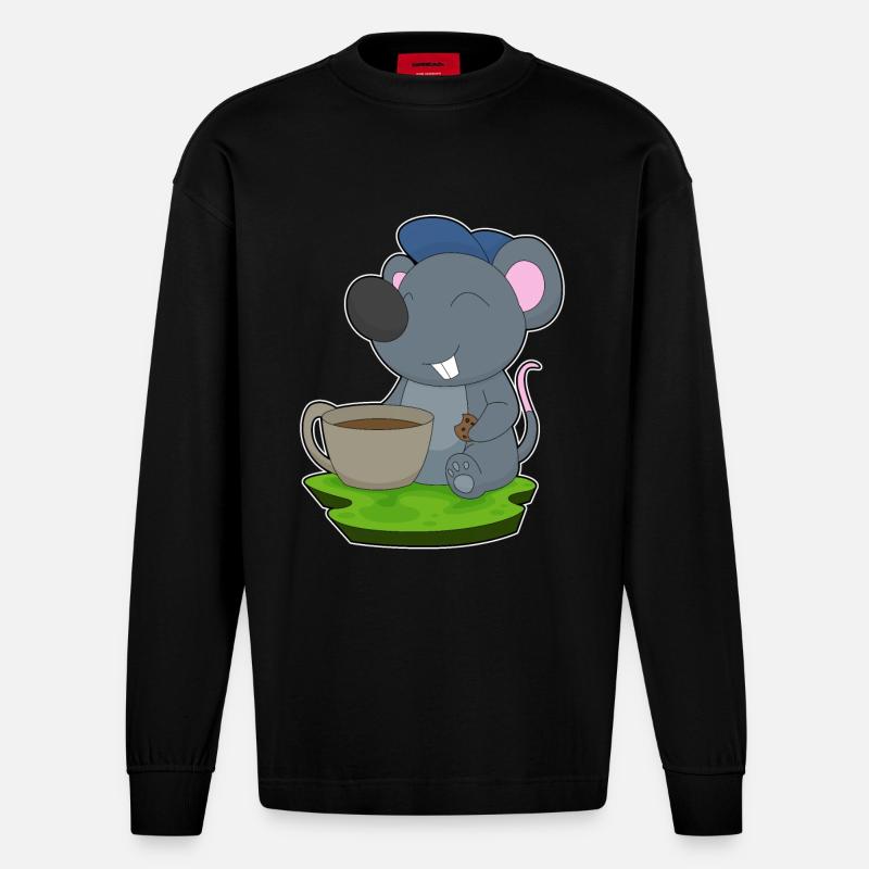 Maus Kaffee Tasse - Heavyweight Oversized Organic Langarmshirt Made in EU - SOLID BLACK