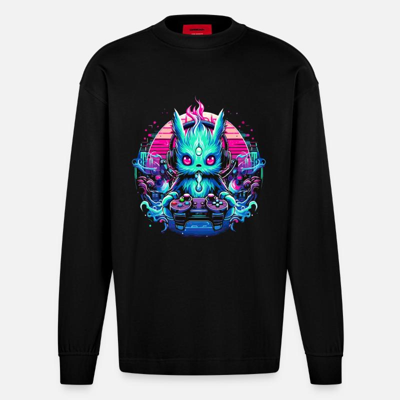 Synthwave Zocker Gaming Alien - Heavyweight Oversized Organic Langarmshirt Made in EU - SOLID BLACK