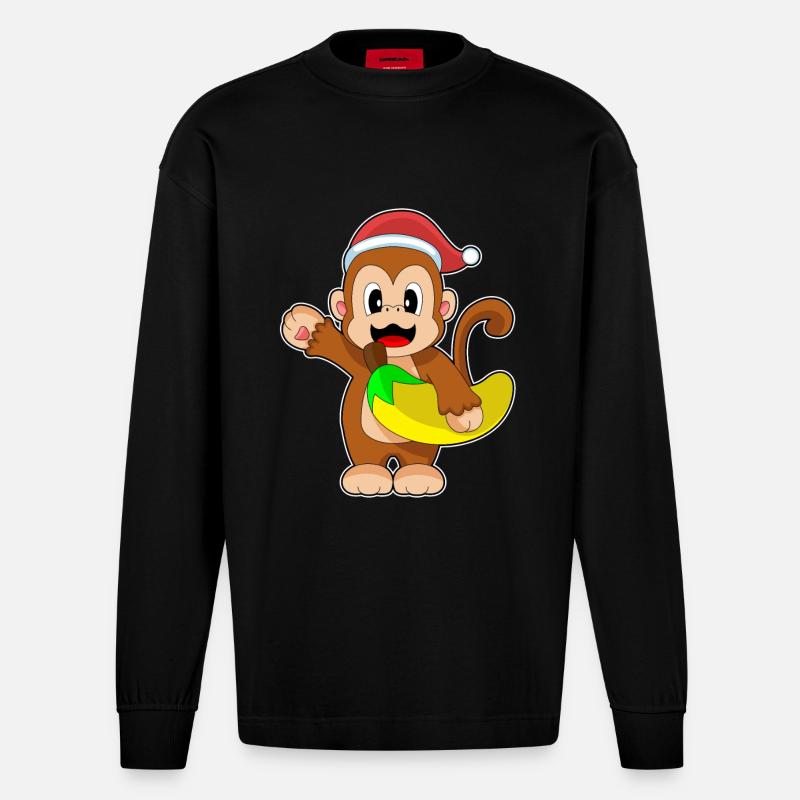 Singe Noël Banane - Manches longues bio épais oversize fabriqué en UE - SOLID BLACK