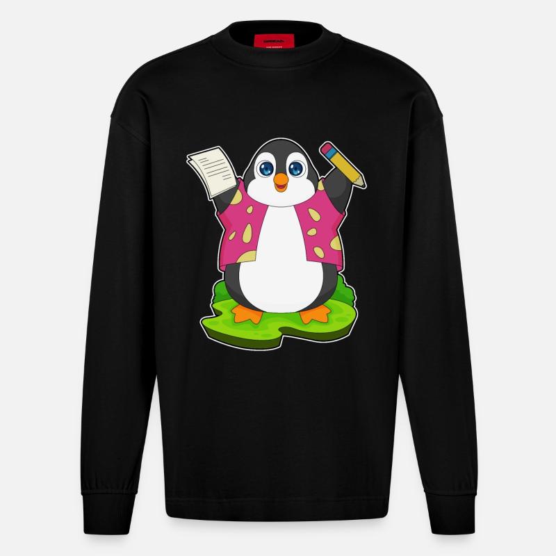 Pinguin Bleistift Papier Schule - Heavyweight Oversized Organic Langarmshirt Made in EU - SOLID BLACK