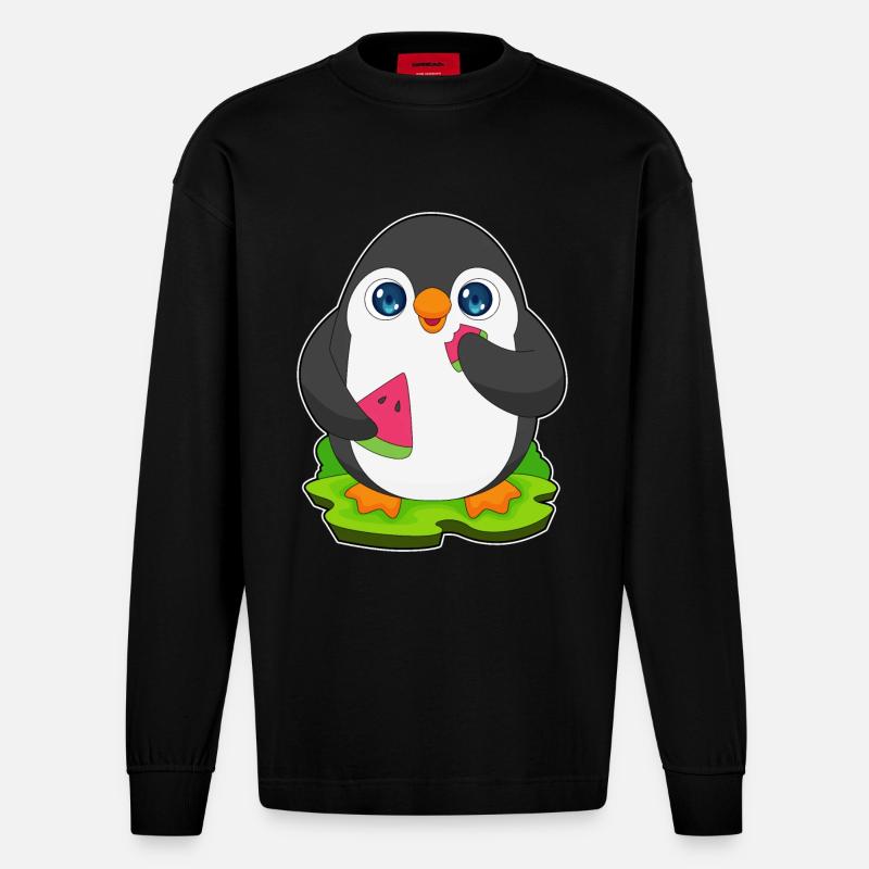 Pinguin Wassermelone Frucht - Heavyweight Oversized Organic Langarmshirt Made in EU - SOLID BLACK
