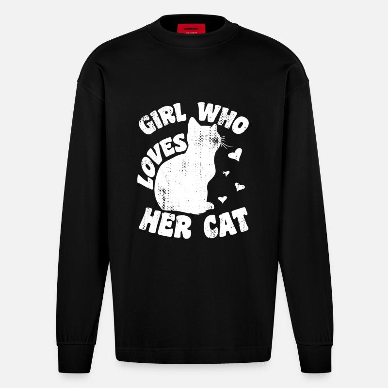 Fille qui aime son chat - Manches longues bio épais oversize fabriqué en UE - SOLID BLACK