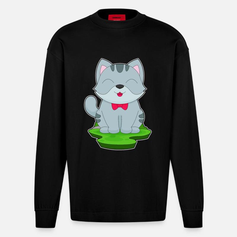 Katze Schleife - Heavyweight Oversized Organic Langarmshirt Made in EU - SOLID BLACK