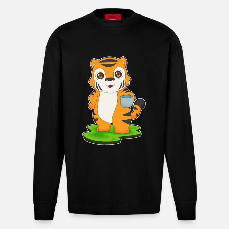 Tiger Kaffee Tasse - Heavyweight Oversized Organic Langarmshirt Made in EU - SOLID BLACK