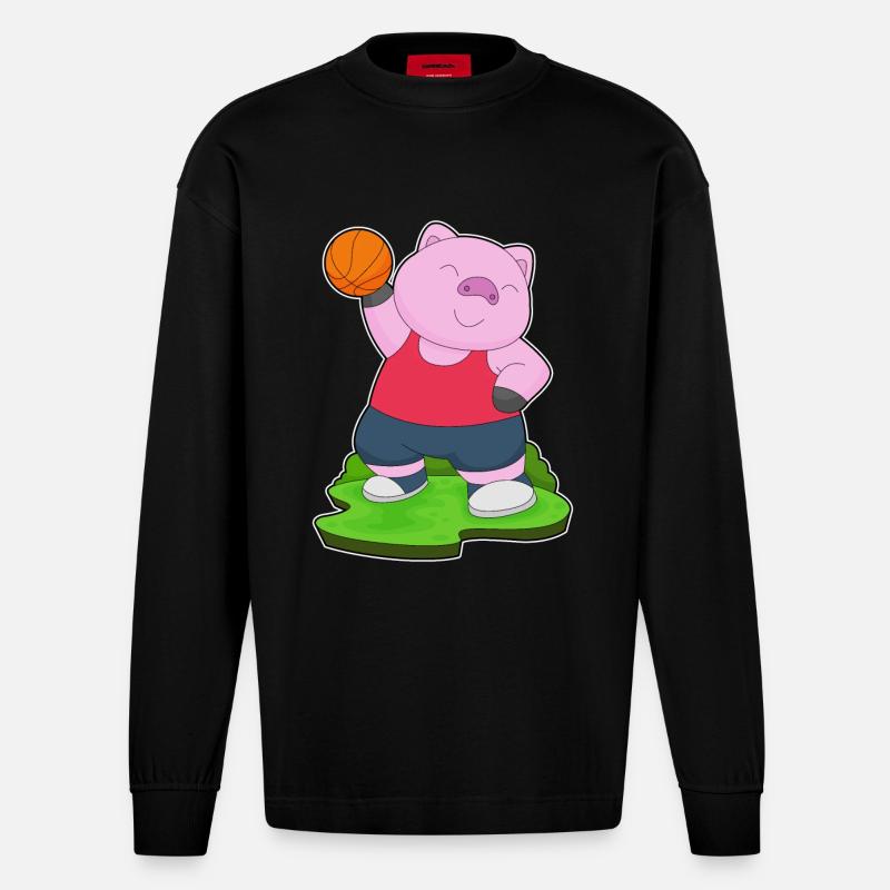Cochon Basketteur Basketteur - Manches longues bio épais oversize fabriqué en UE - SOLID BLACK