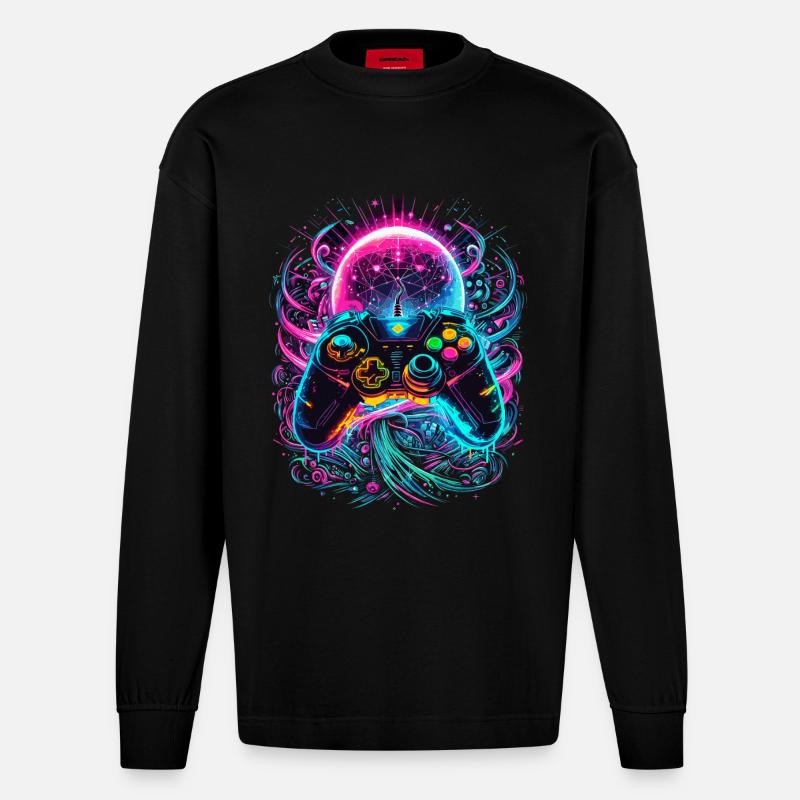 Synthwave Cyberpunk Gaming Controller - Heavyweight Oversized Organic Longsleeve Shirt Made in EU - SOLID BLACK