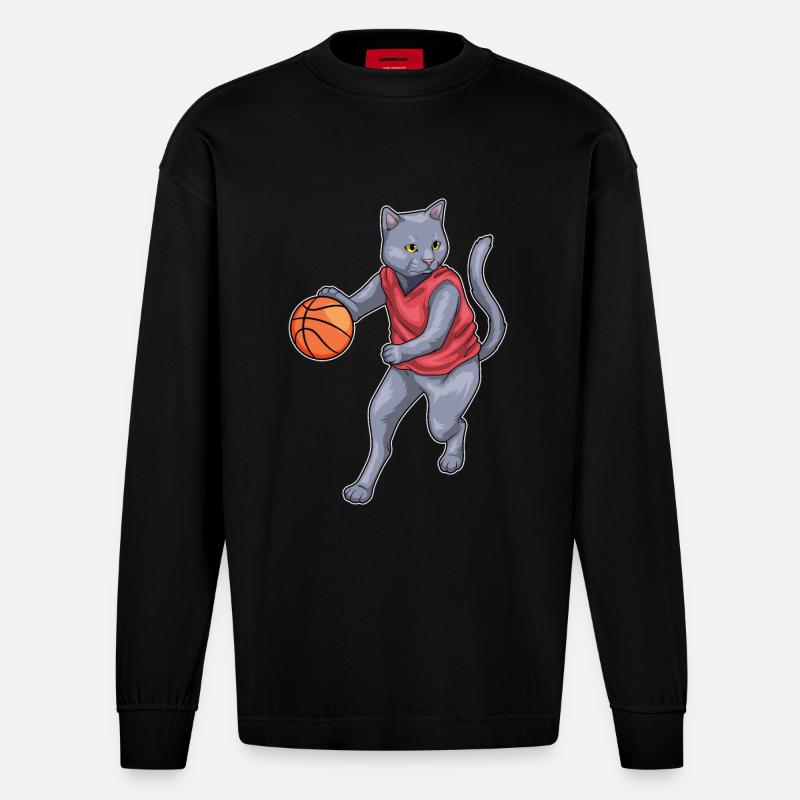 Chat Basketteur Basketteur Basketball - Manches longues bio épais oversize fabriqué en UE - SOLID BLACK