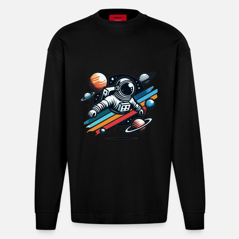 Rétro astronaute aventure spatiale planète - Manches longues bio épais oversize fabriqué en UE - SOLID BLACK