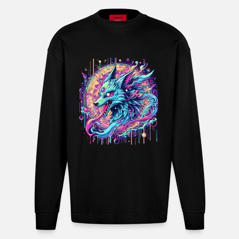 Psychedelische Fuchs Kopf Goa Kunst - Heavyweight Oversized Organic Langarmshirt Made in EU - SOLID BLACK