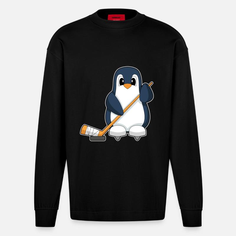 Pinguin Eishockey Eishockeyschläger - Heavyweight Oversized Organic Langarmshirt Made in EU - SOLID BLACK