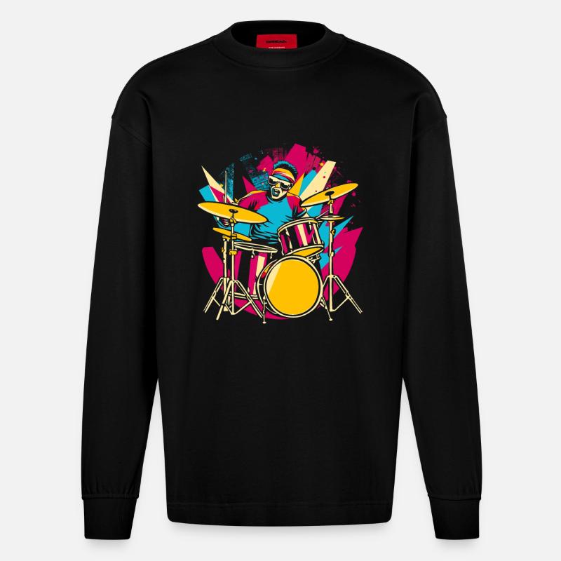 Schlagzeuger Synthwave - Heavyweight Oversized Organic Langarmshirt Made in EU - SOLID BLACK