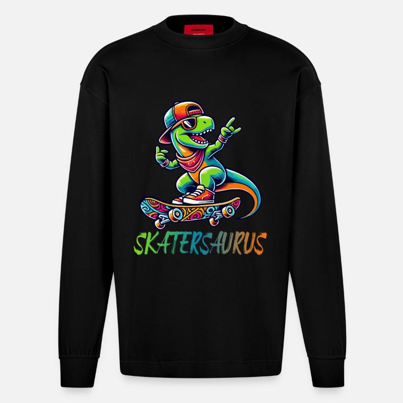 Skatersaurus Dinosaurier Retro Skateboarding Design - Heavyweight Oversized Organic Langarmshirt Made in EU - SOLID BLACK