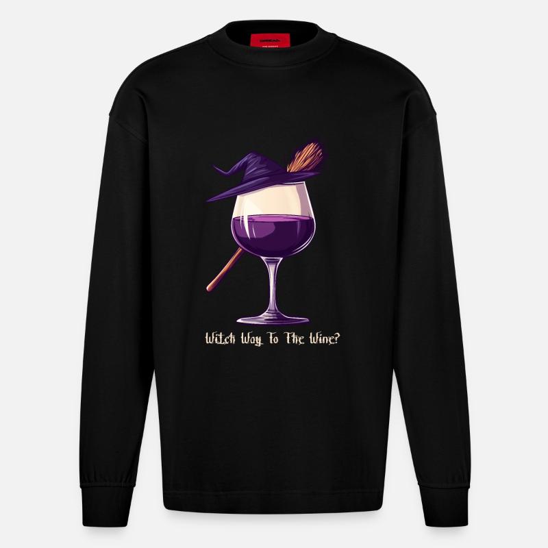 Halloween Hexe Wein Weinglas Weintrinker Geschenk - Heavyweight Oversized Organic Langarmshirt Made in EU - SOLID BLACK