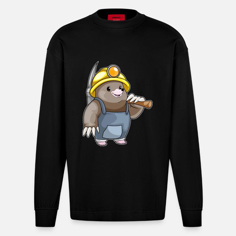 Mole Miner Pickaxe Mining - Heavyweight Oversized Organic Longsleeve Shirt Made in EU - SOLID BLACK