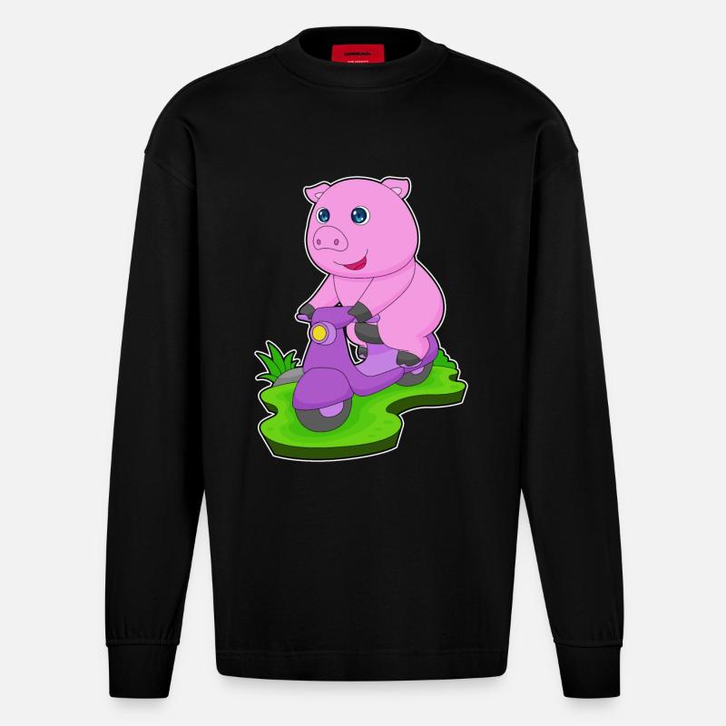 Schwein Motorroller - Heavyweight Oversized Organic Langarmshirt Made in EU - SOLID BLACK