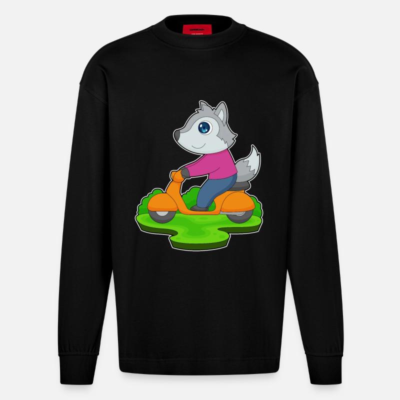 Wolf Motorroller - Heavyweight Oversized Organic Langarmshirt Made in EU - SOLID BLACK