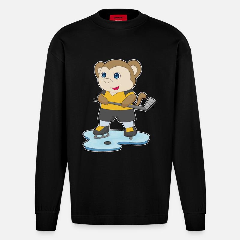 Affe Eishockey Eishockeyschläger - Heavyweight Oversized Organic Langarmshirt Made in EU - SOLID BLACK