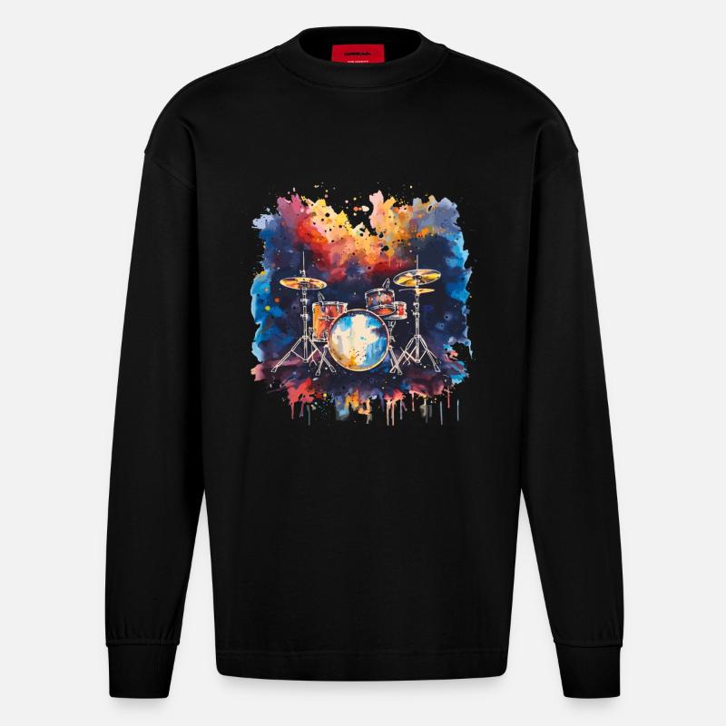 Schlagzeug Synthwave - Heavyweight Oversized Organic Langarmshirt Made in EU - SOLID BLACK