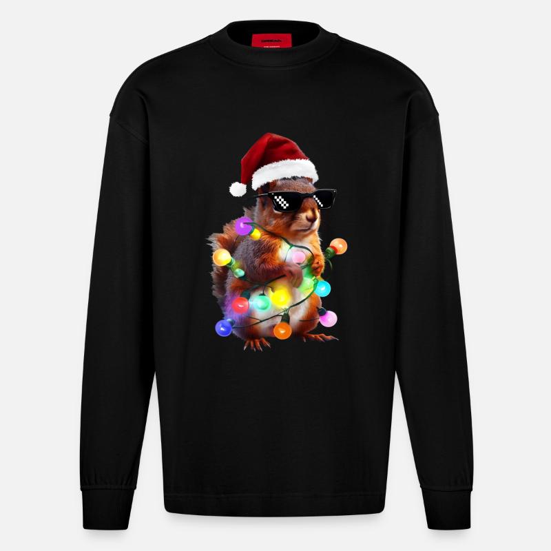 Weihnachts Eichhörnchen mit Lichterkett - Heavyweight Oversized Organic Langarmshirt Made in EU - SOLID BLACK