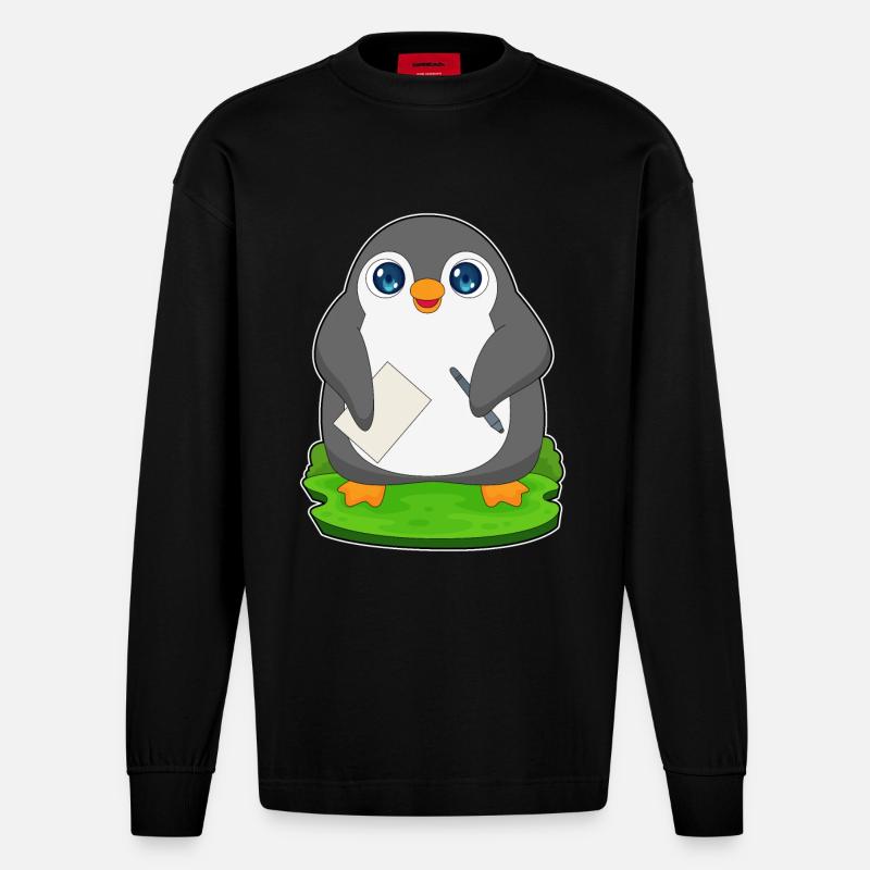 Pinguin Stift Papier - Heavyweight Oversized Organic Langarmshirt Made in EU - SOLID BLACK