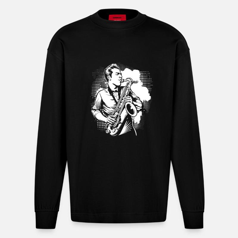 Saxophon Junge - Heavyweight Oversized Organic Langarmshirt Made in EU - SOLID BLACK