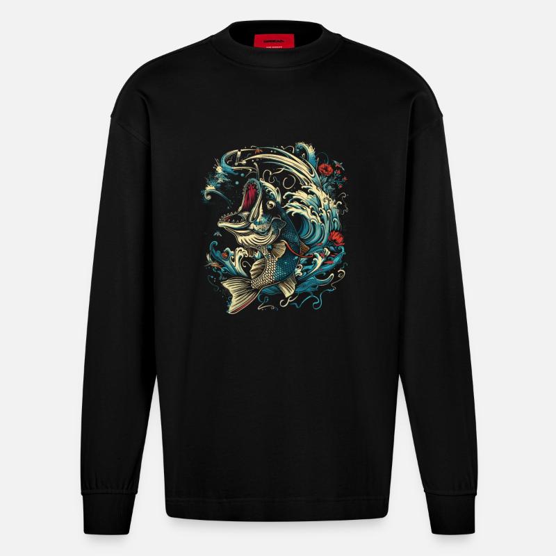 Style de dessin animé de pêche - Manches longues bio épais oversize fabriqué en UE - SOLID BLACK