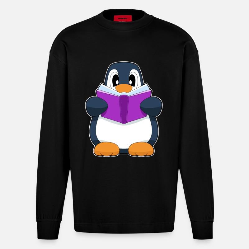 Pinguin Nerd Buch - Heavyweight Oversized Organic Langarmshirt Made in EU - SOLID BLACK