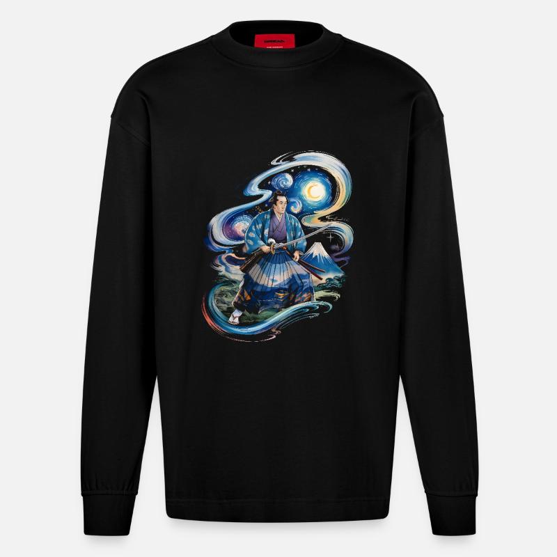 Samurai Ronin Mount Fuji japanisch - Heavyweight Oversized Organic Langarmshirt Made in EU - SOLID BLACK