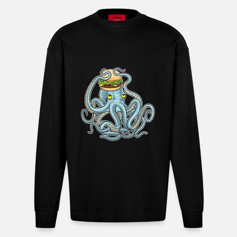 Krake Cheeseburger - Heavyweight Oversized Organic Langarmshirt Made in EU - SOLID BLACK