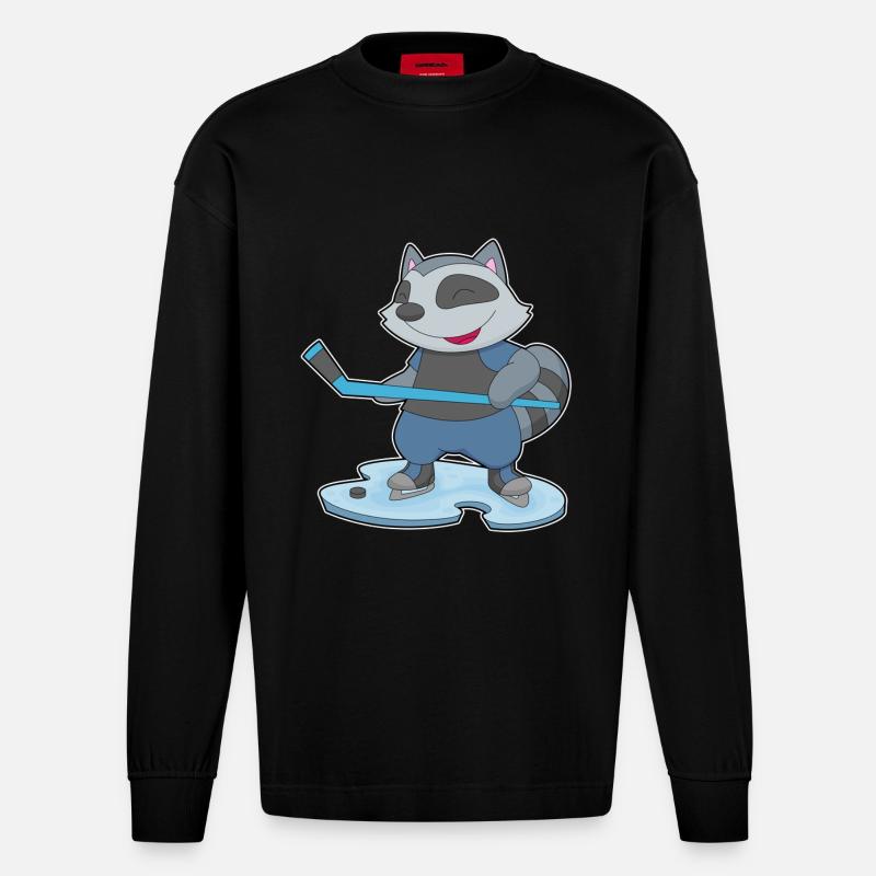 Waschbär Eishockey Eishockeyschläger - Heavyweight Oversized Organic Langarmshirt Made in EU - SOLID BLACK
