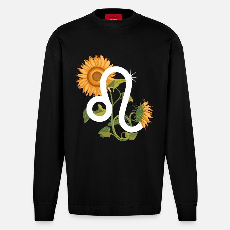 Löwe Sternzeichen - Sonnenblume Astrologie Geschenk - Heavyweight Oversized Organic Langarmshirt Made in EU - SOLID BLACK