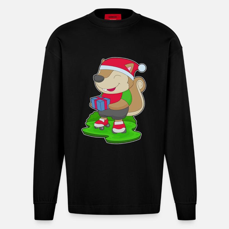 Squirrel Christmas Inline skating - Heavyweight Oversized Organic Longsleeve Shirt Made in EU - SOLID BLACK