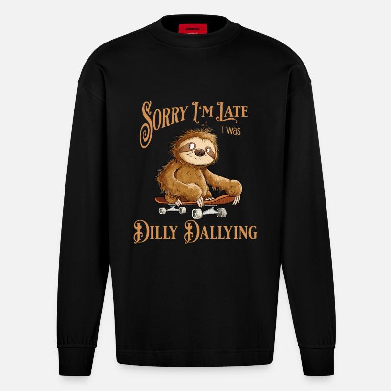 Faultier Mit Skateboard Dilly Dallying - Heavyweight Oversized Organic Langarmshirt Made in EU - SOLID BLACK