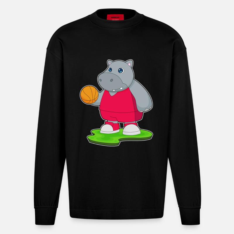 Hippopotame Basketteur Basketteur - Manches longues bio épais oversize fabriqué en UE - SOLID BLACK