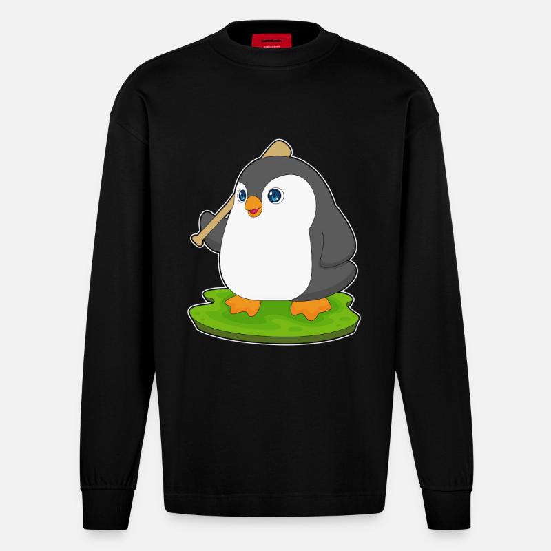 Pinguin Baseball Baseballschläger - Heavyweight Oversized Organic Langarmshirt Made in EU - SOLID BLACK