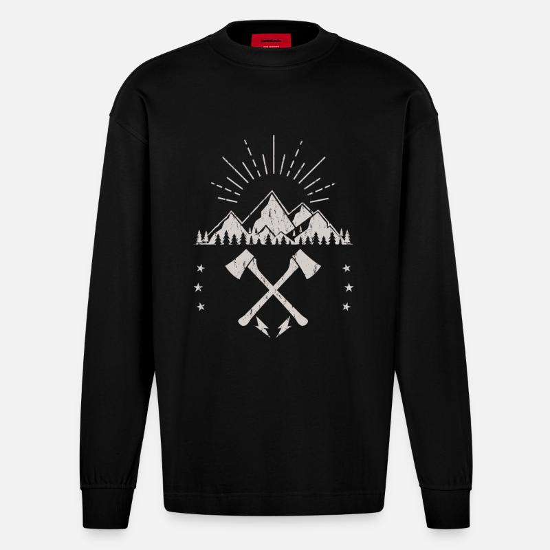 Rugged Mountain Sunrise Axe Emblem - Heavyweight Oversized Organic Longsleeve Shirt Made in EU - SOLID BLACK