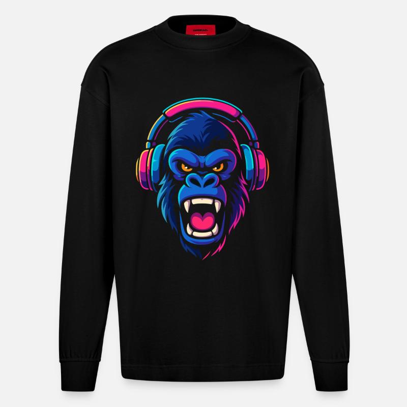 Neon Gorilla mit Kopfhörern - Heavyweight Oversized Organic Langarmshirt Made in EU - SOLID BLACK