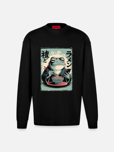 Funny frog, grumpy, Japanese art, ramen - Heavyweight Oversized Organic Longsleeve Shirt Made in EU - SOLID BLACK